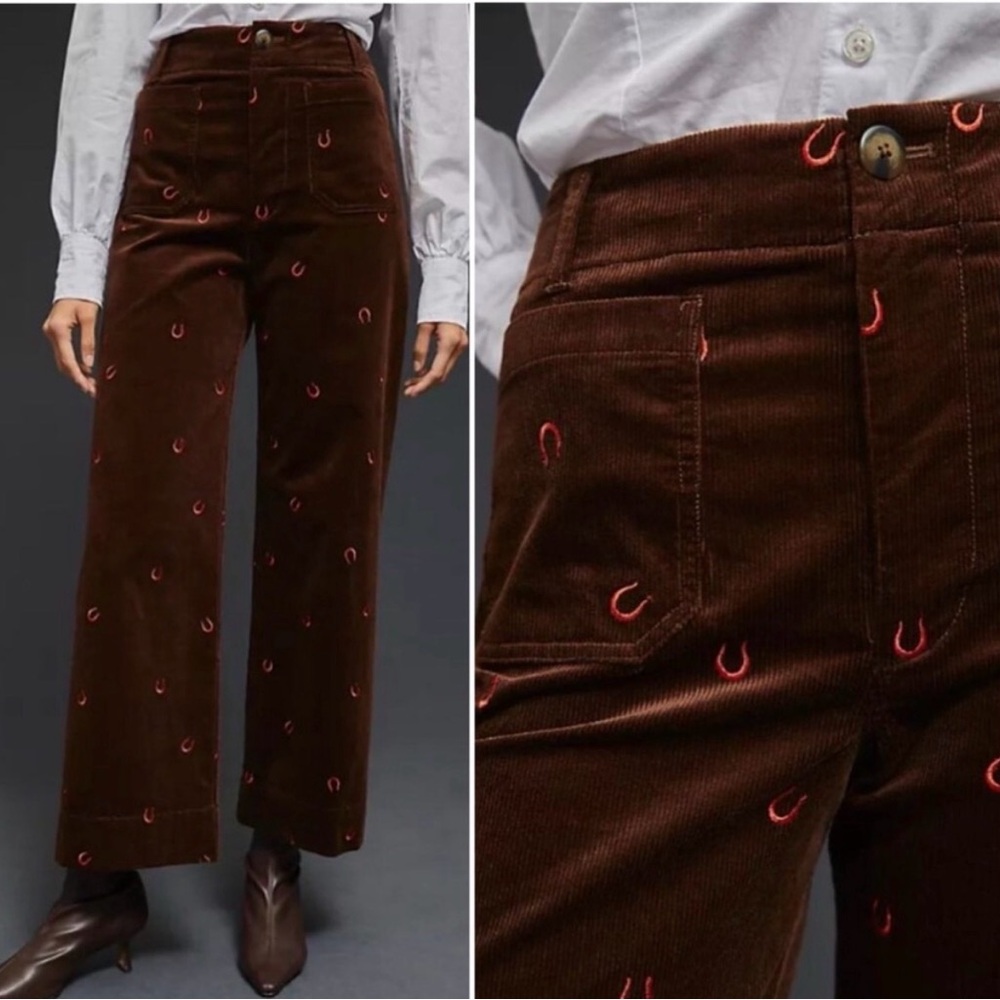 Anthropologie Maeve Colette Brown Corduroy Horseshoe Embroidered Pants Cord 27